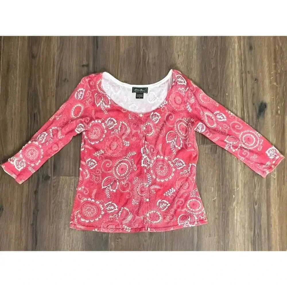 Women's Size Small‎ Eddie Bauer Salmon & White Cardigan Embroidered Sweater